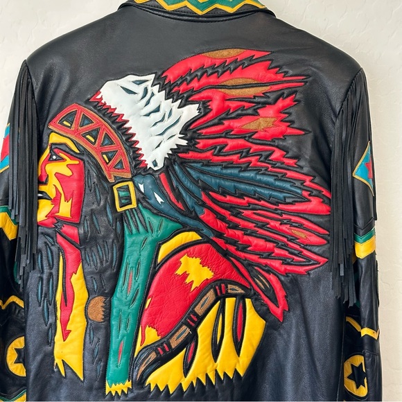 VINTAGE GERUNIMU LEATHER NATIVE INDIAN CHIEF FRINGE BLAZER JACKET SZ S, Mexico - Picture 8 of 12